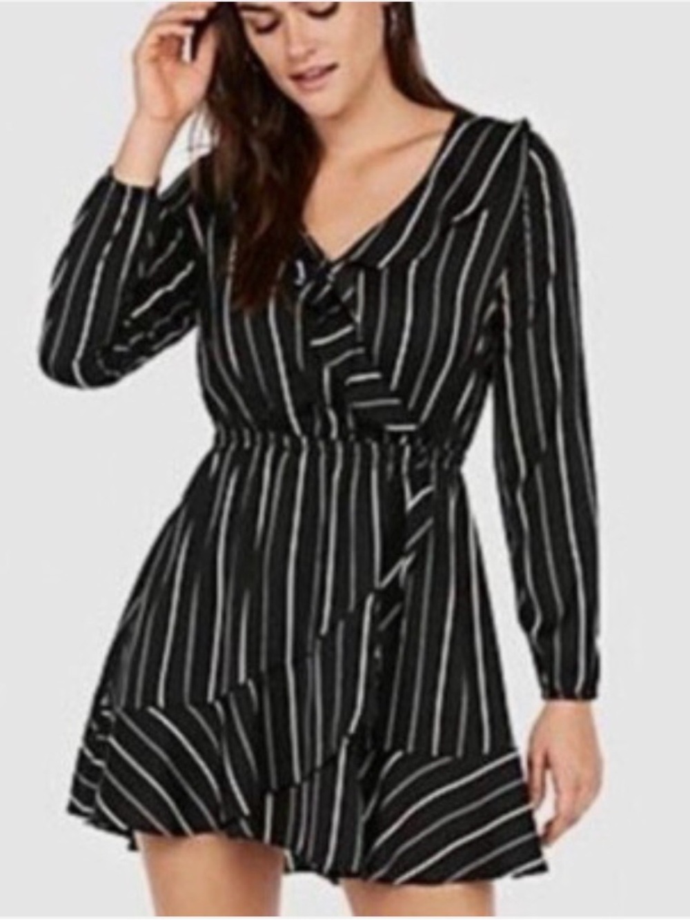 NWT Black Striped Long-Sleeve Wrap Dress - Classic Women's Dress